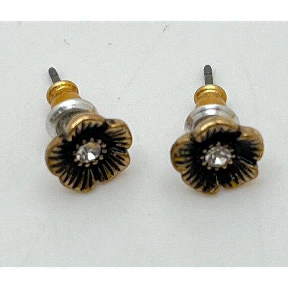 Vintage Flower Stud Earrings Black Floral Rhinestone Accent 1/4 Inch - Picture 2 of 8